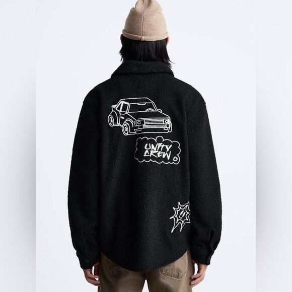 Zara Black Embroidered Faux Shearling Streetwear Utility Overshirt Size L/XL - Picture 2 of 16